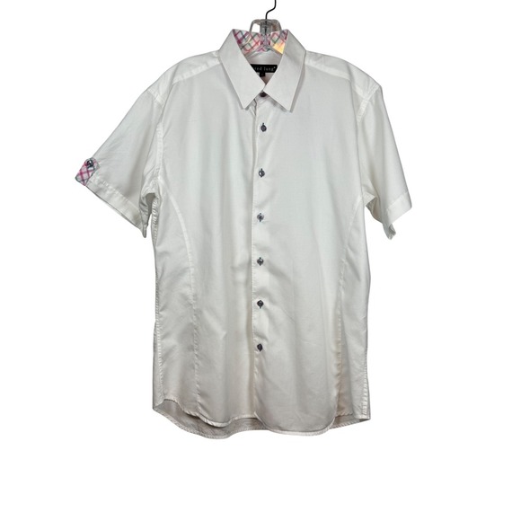 Jared Lang Men's Short Sleeve, Fitted, Pink Plaid Accent Cuff Sleeves, Size L - Picture 1 of 9